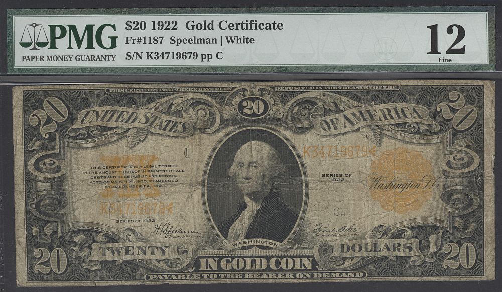 Fr.1187, 1922 $20 Gold Certificate, K34719679, Fine, PMG-12